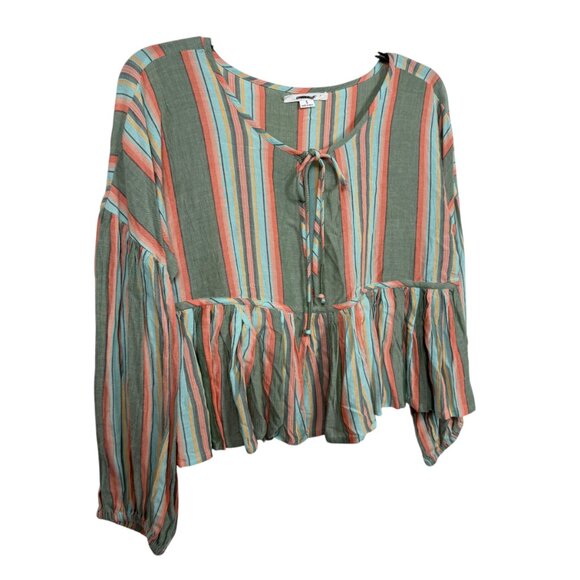 O'Neill Babydoll Top Blouse Small Green Orange Stripe Peplum - Picture 5 of 8